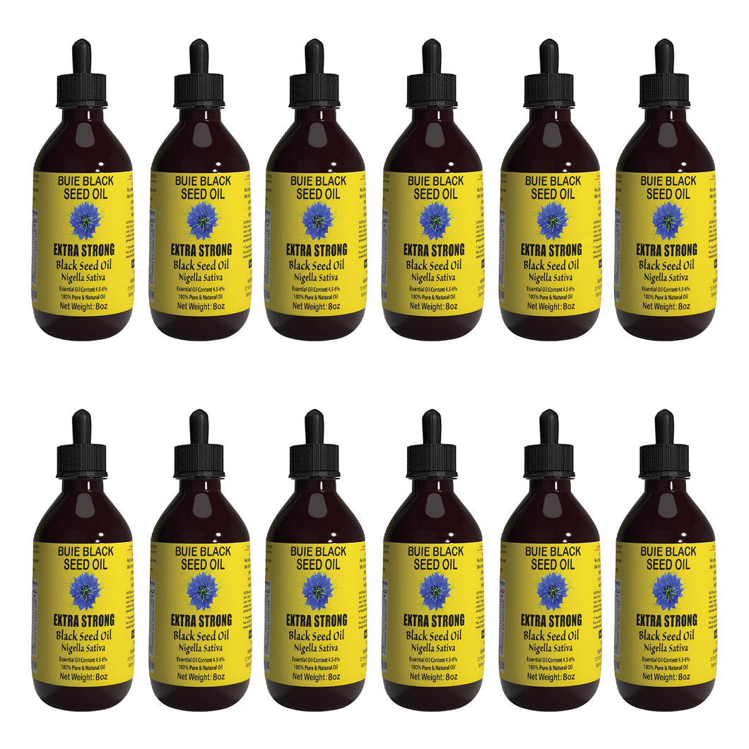 BUIE Black Seed Oil | Black Cumin Seed Oil | Un-Refined, Cold Pressed Extra Virgin Oil | with 4.5% to 6% Thymoquinone & Omega 3 6 9 | 8 Fl. Oz. (Pack of 12)